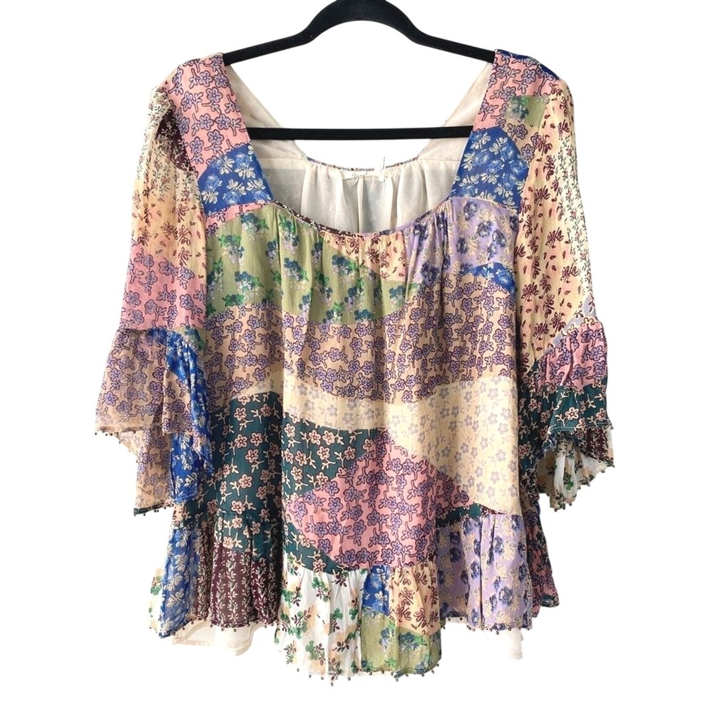 Anthropologie Floreat Womens Top M Patchwork Chiffon Blouse Flare Fairy Whimsy